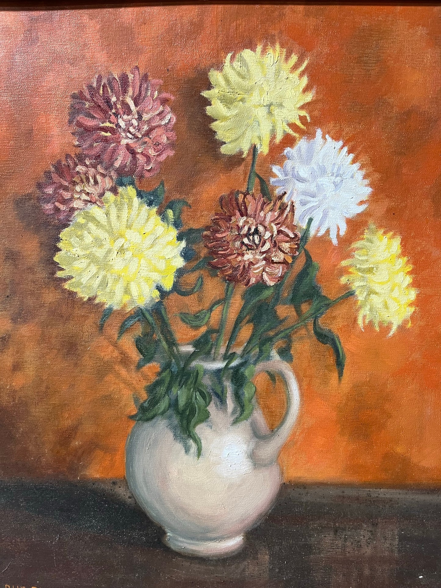 Naïve still life with Chrysanthemums, oil on board, Lord Brian Hilton Flowers, 1972.