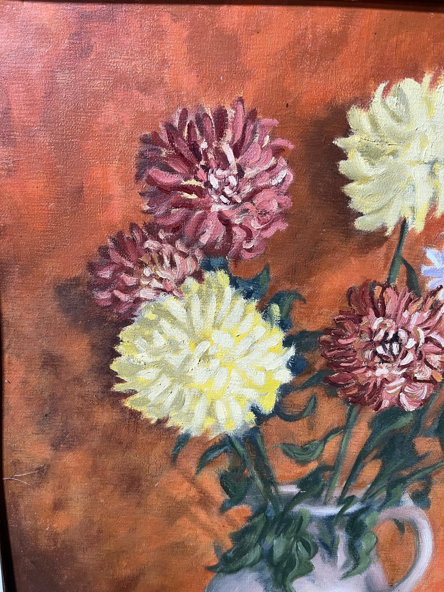 Naïve still life with Chrysanthemums, oil on board, Lord Brian Hilton Flowers, 1972.