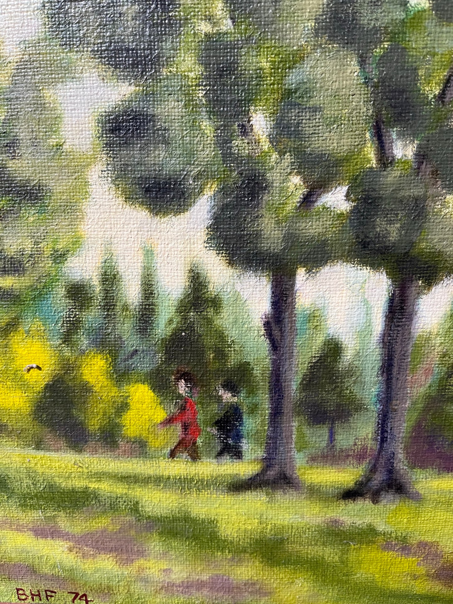 Naïve park scene, oil on canvas, Lord Brian Hilton Flowers, 1974.