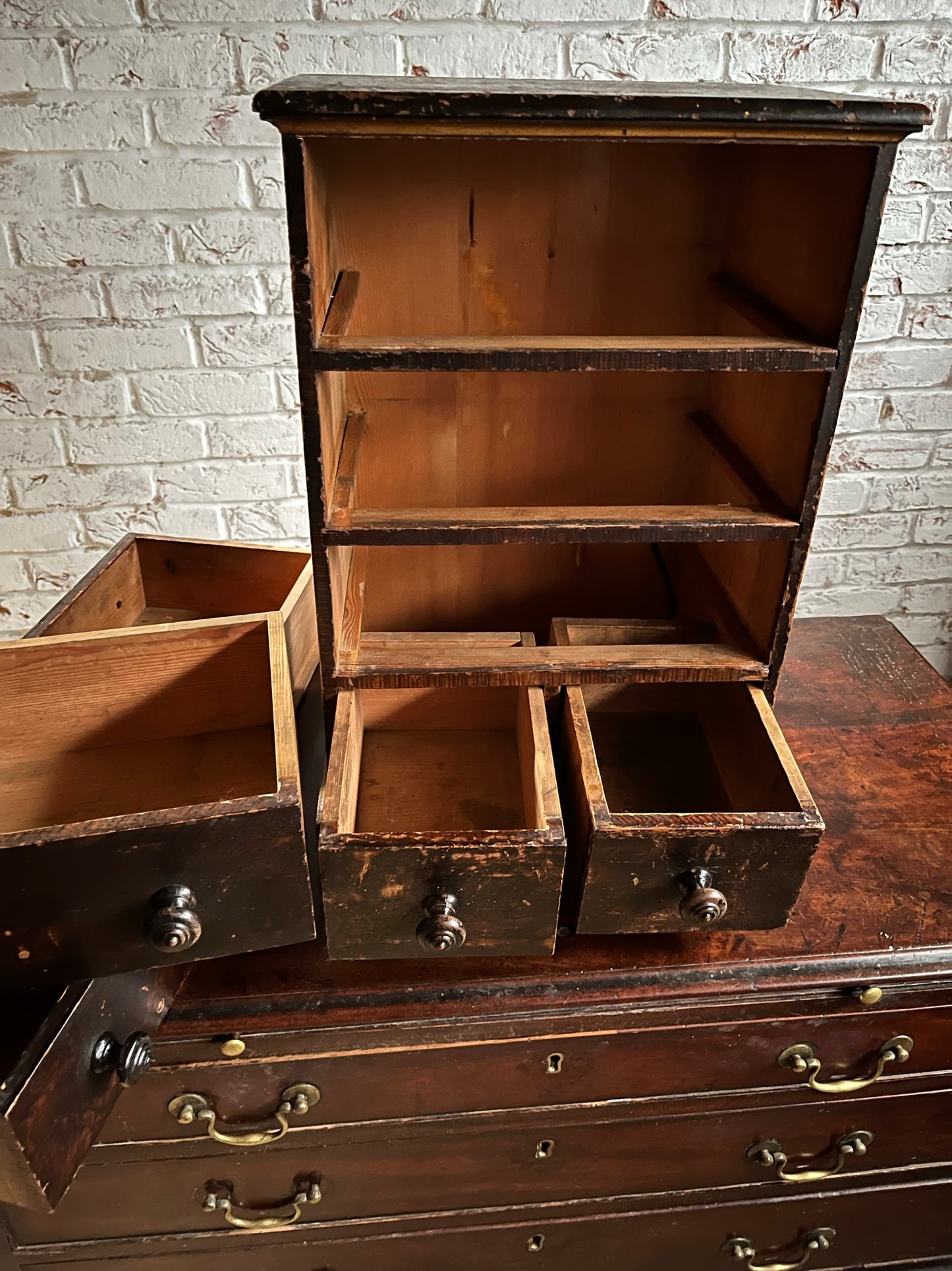 Small Georgian antique pine chest with original stippled crackled paint/stain and gilt finish.