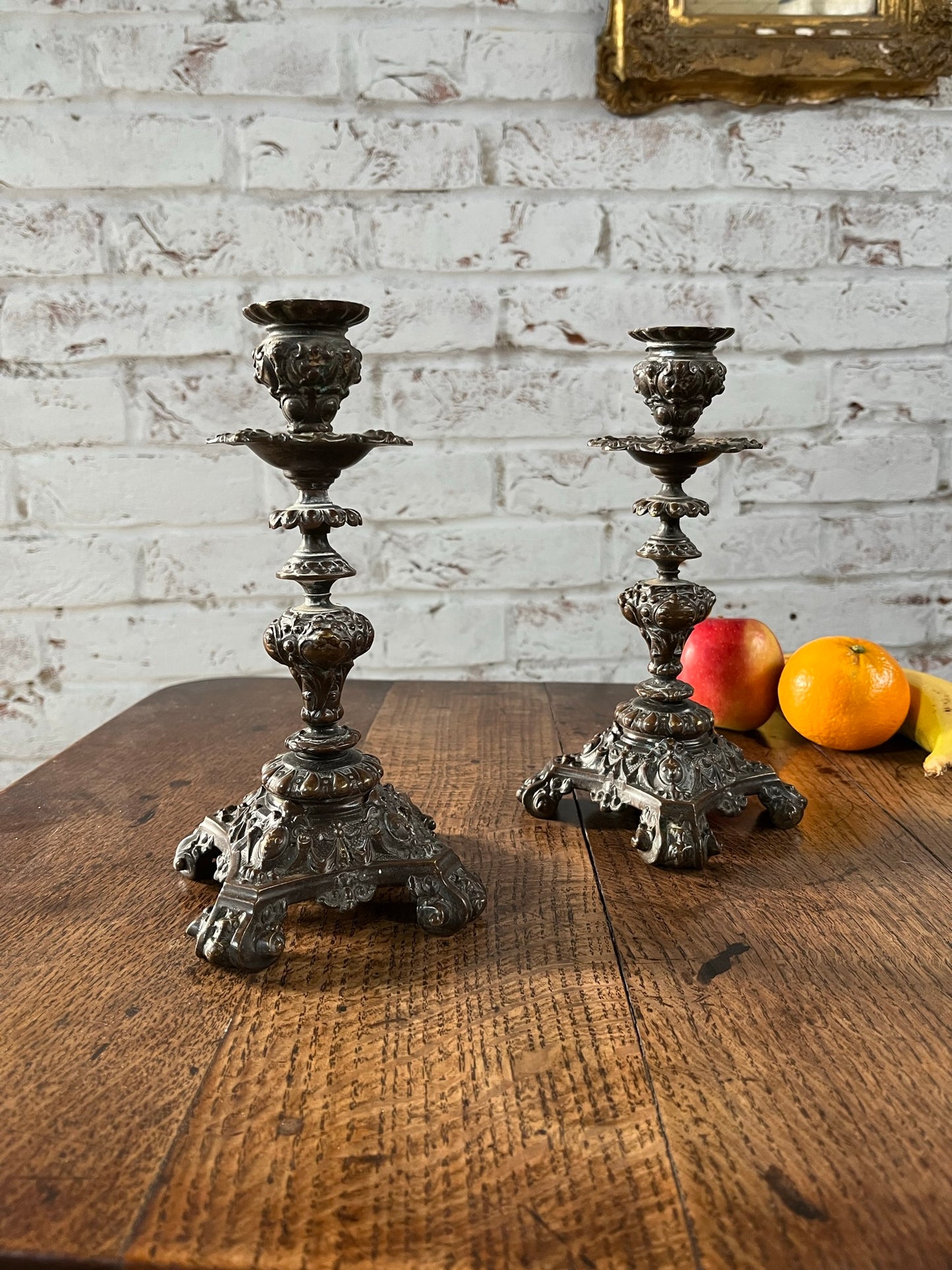 Pair of Victorian heavy bronze candlesticks.