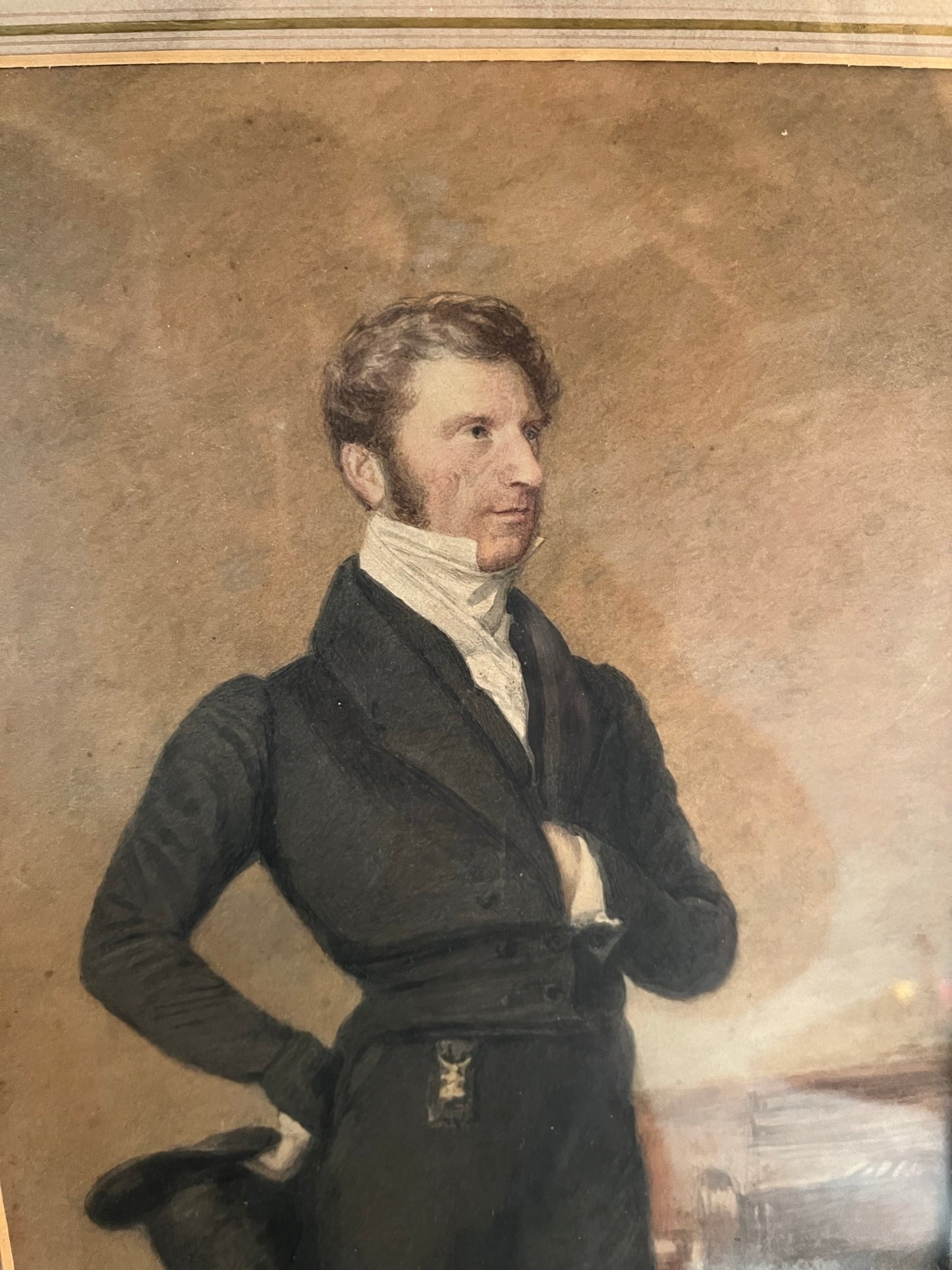 19th century watercolour portrait of a gentleman holding a top hat.