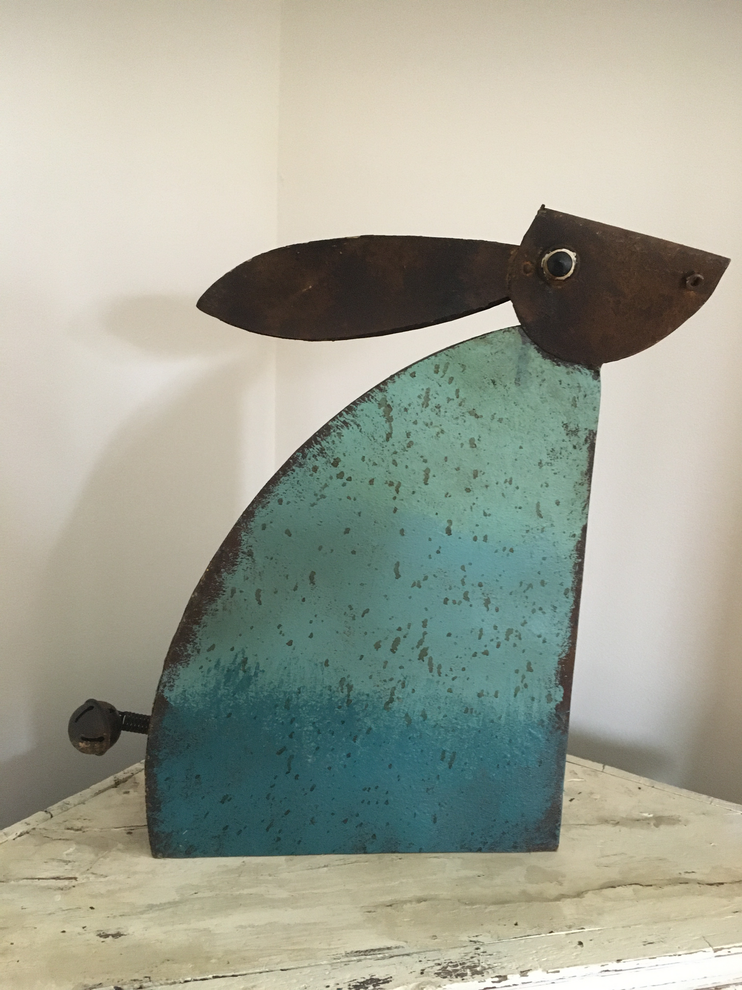 Large decorative rustic metal rabbit sculpture