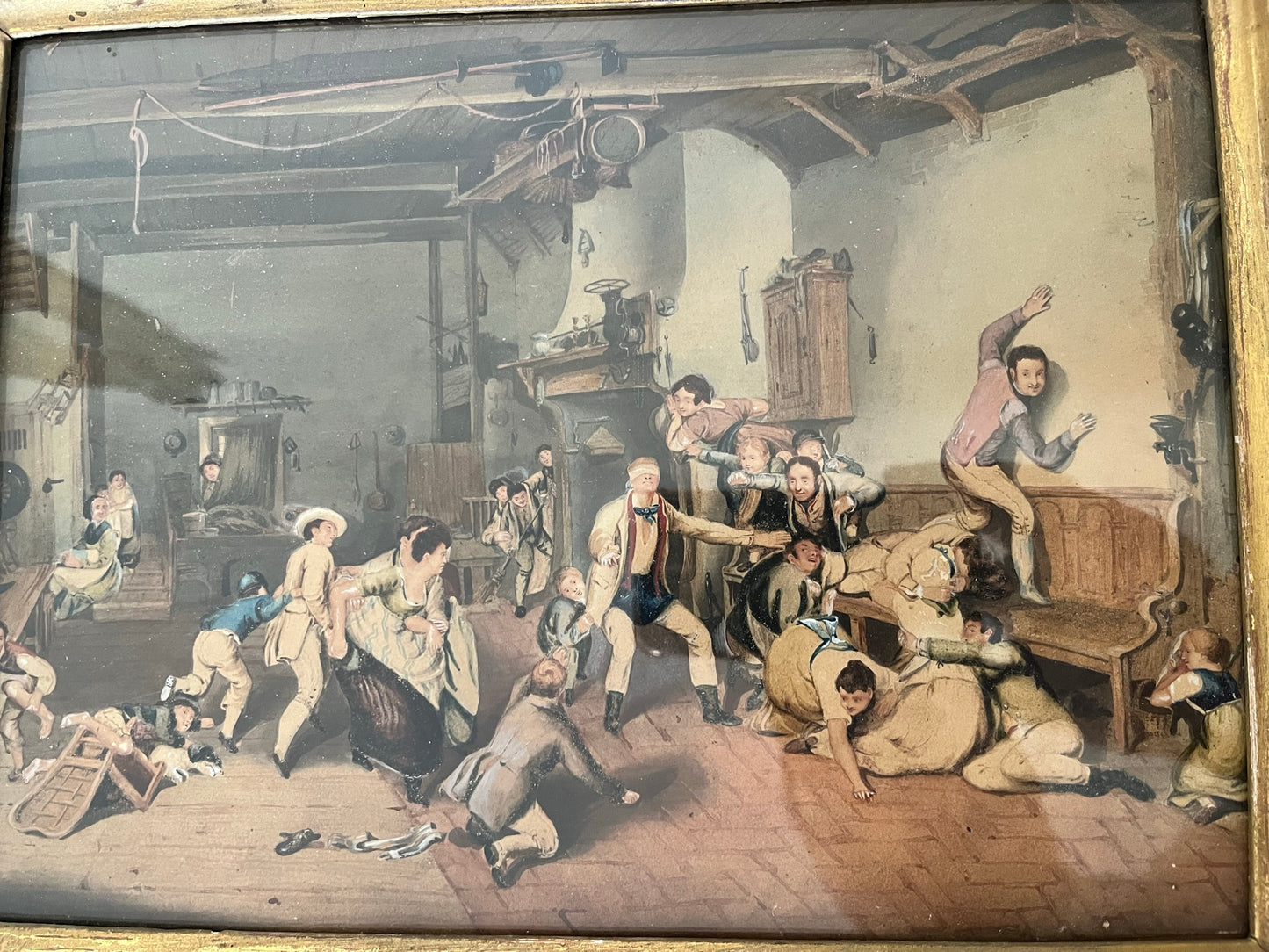 Fine 19th century watercolour of servants playing blind man's buff, after Sir David Wilkie (1785-1841).