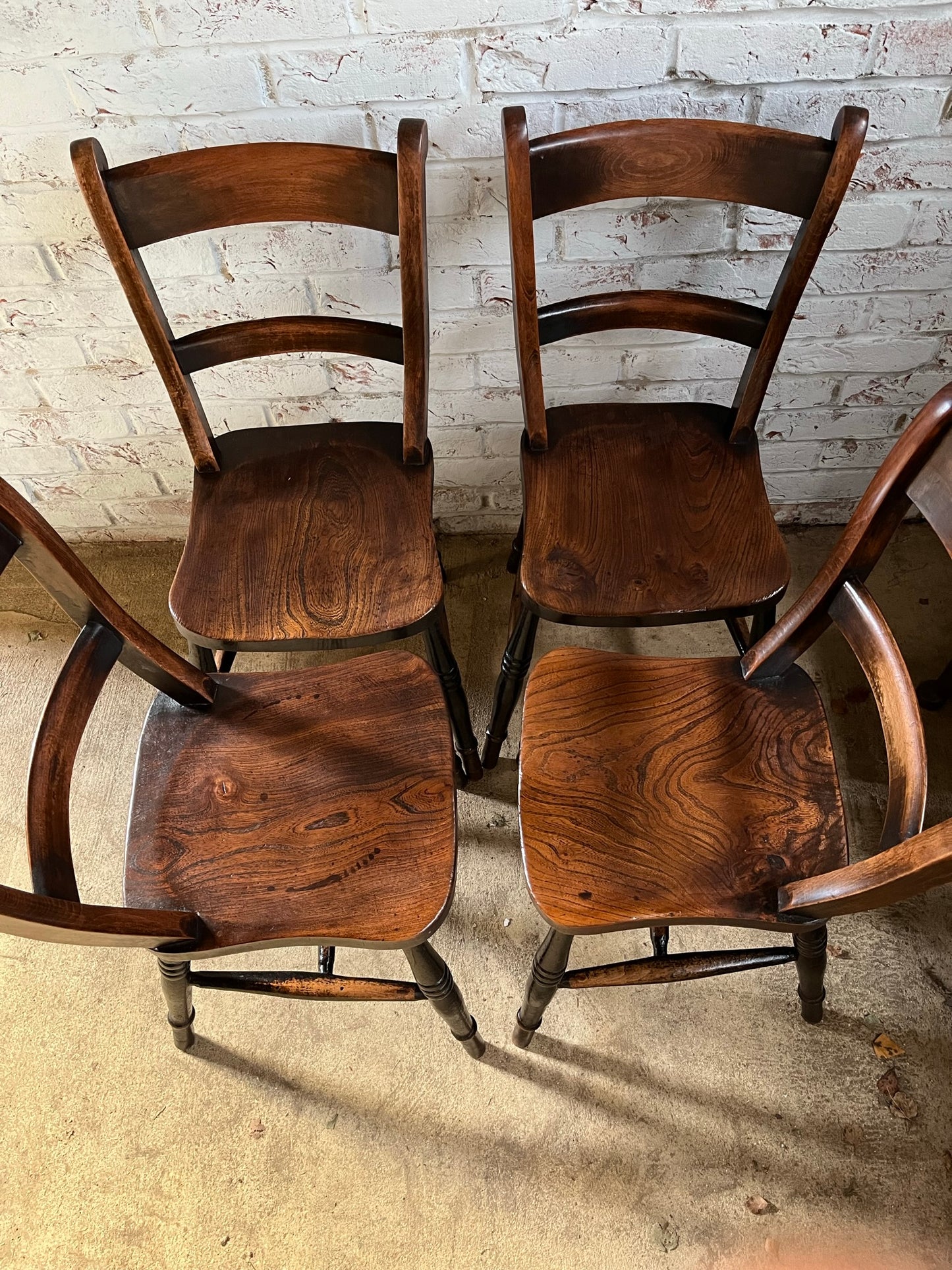 Good set of four C19th stamped kitchen chairs.