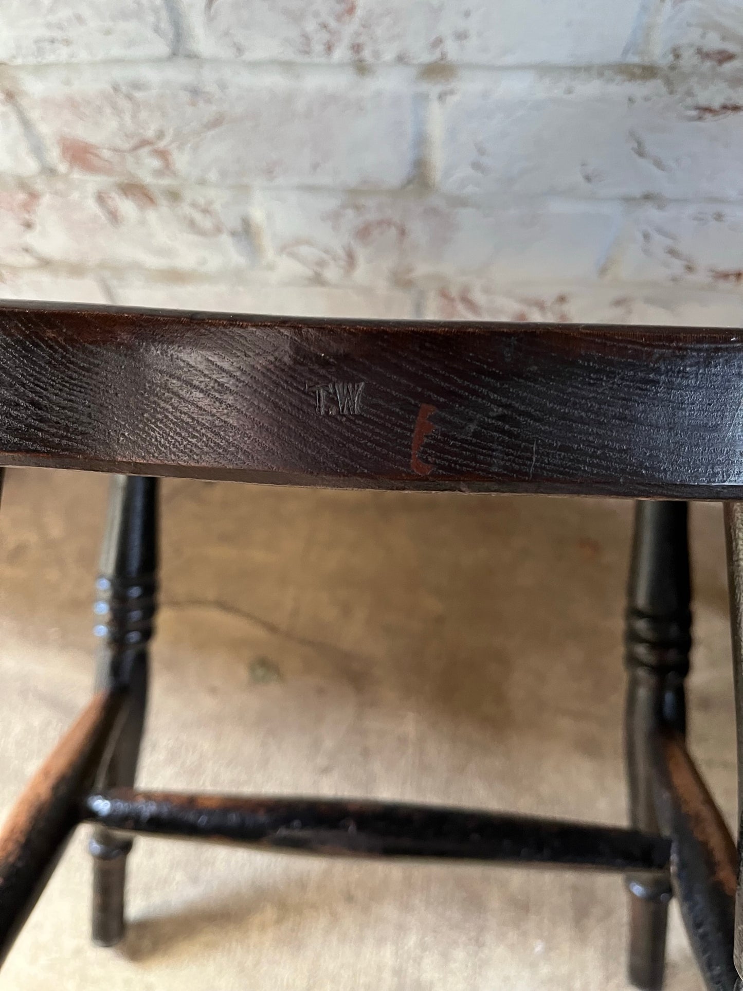 Good set of four C19th stamped kitchen chairs.