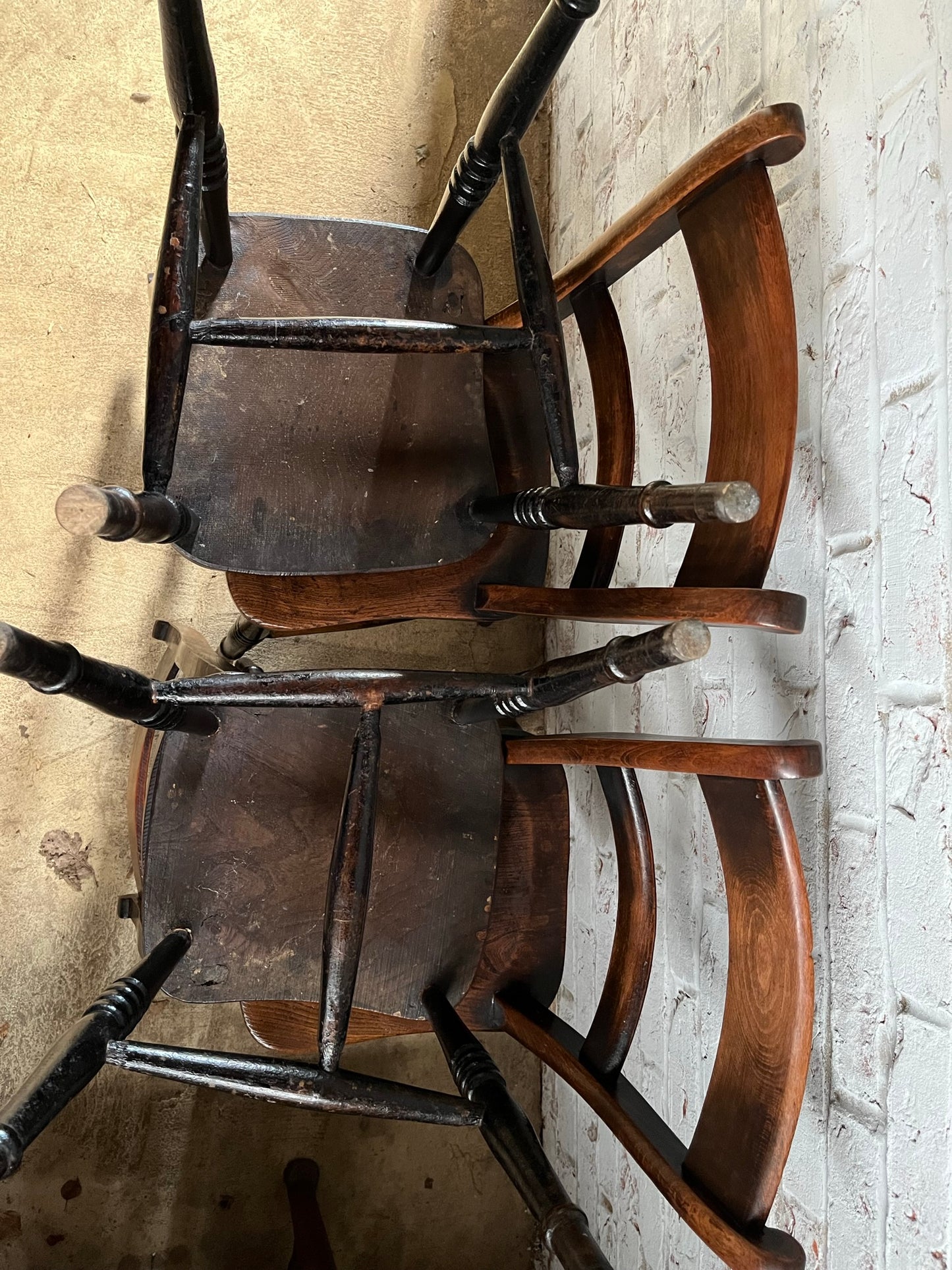 Good set of four C19th stamped kitchen chairs.