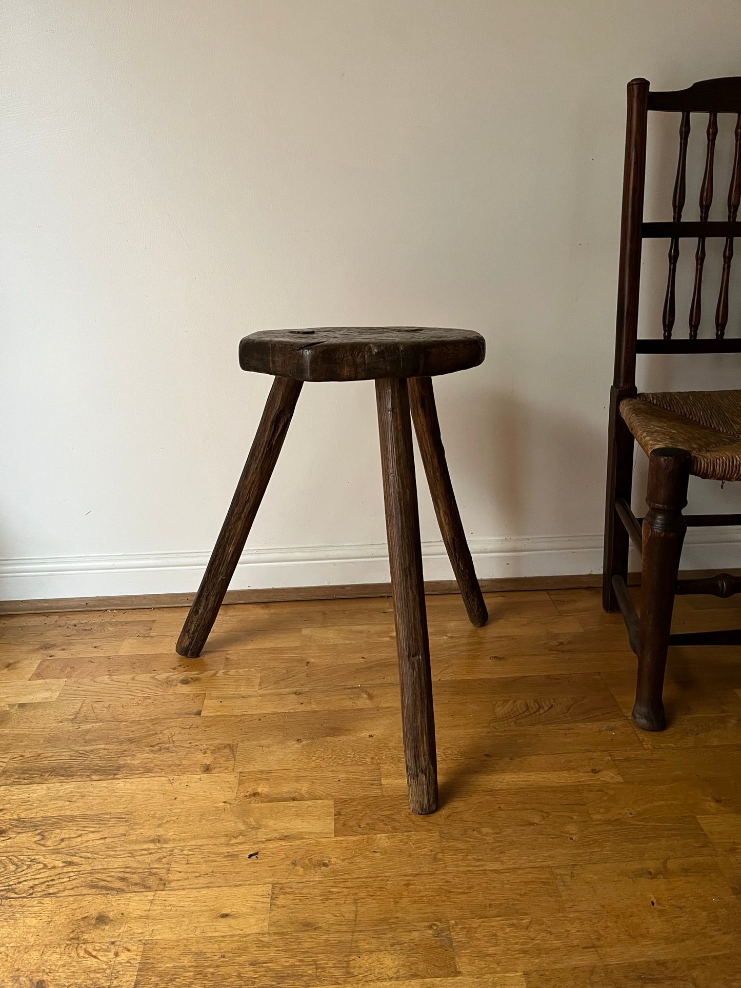 Tall C19th or earlier, primitive work stool or table.