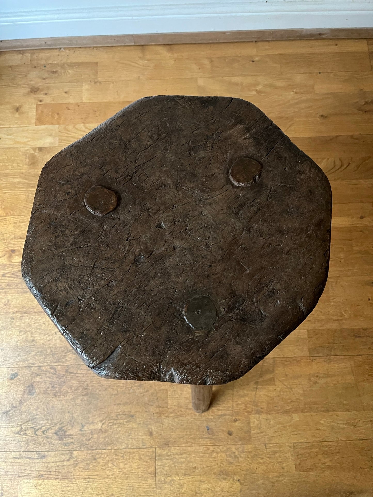 Tall C19th or earlier, primitive work stool or table.