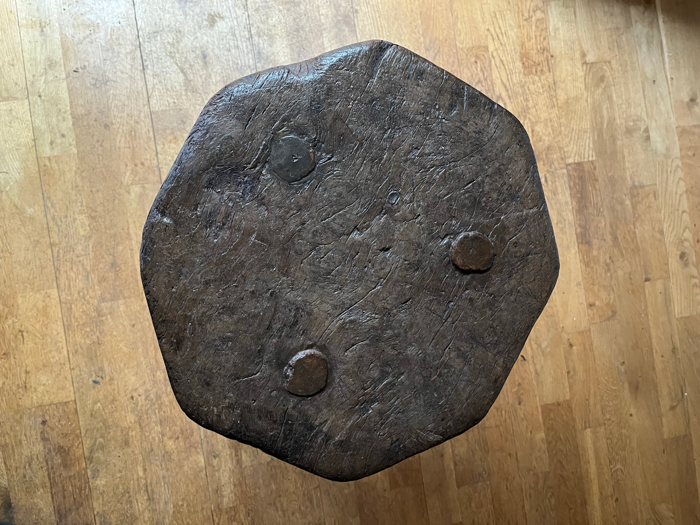 Tall C19th or earlier, primitive work stool or table.