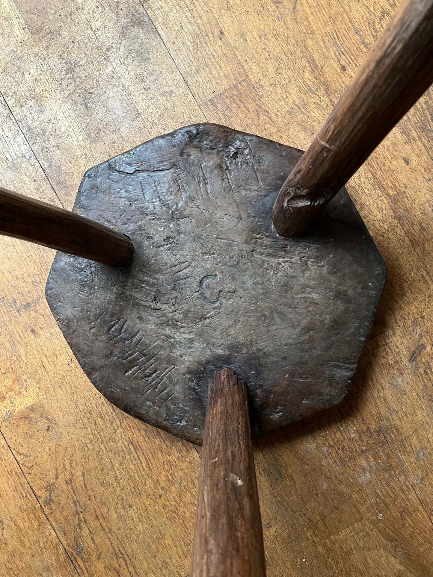 Tall C19th or earlier, primitive work stool or table.