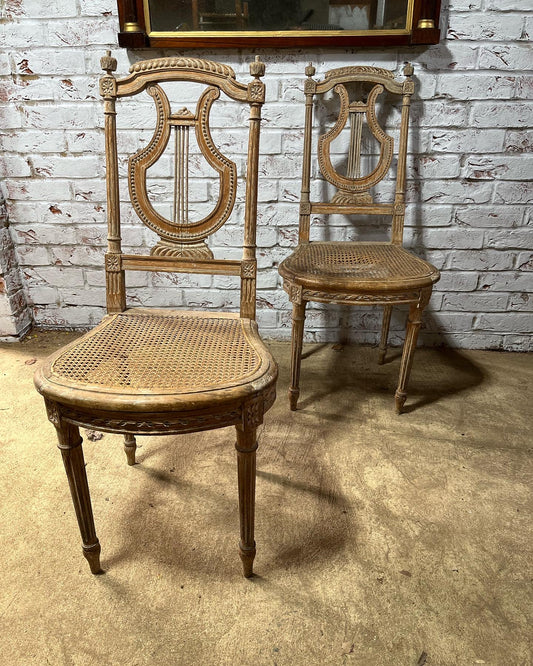 Pair of late 19th century French lyre-back side chairs.