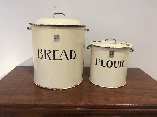 Large enamel Prince of Wares vintage bread bin with matching flour bin