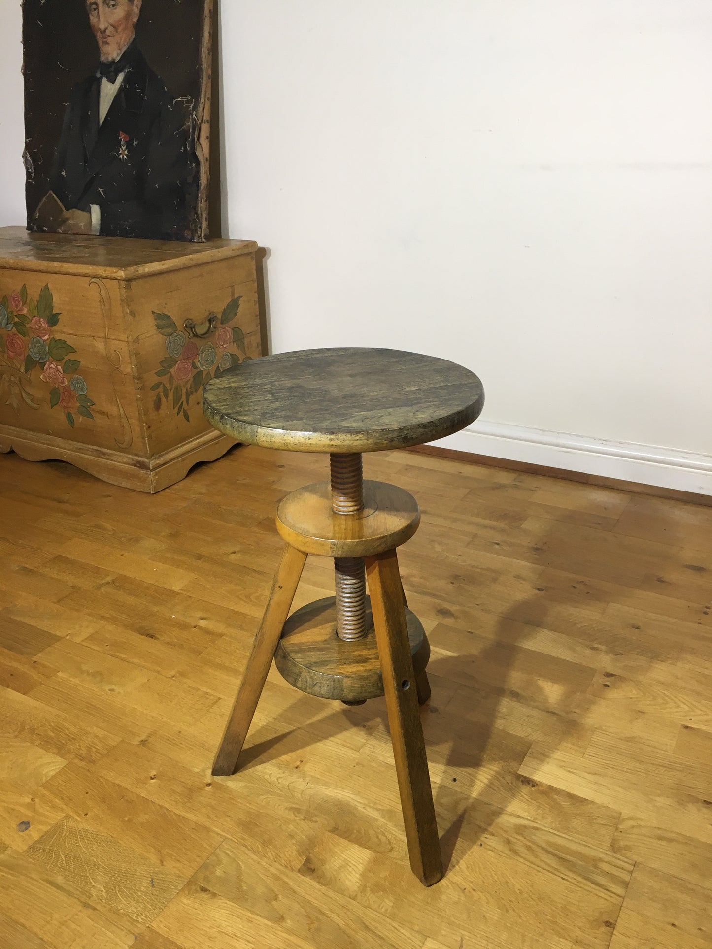 Vintage adjustable wooden artist's or potter's stool.
