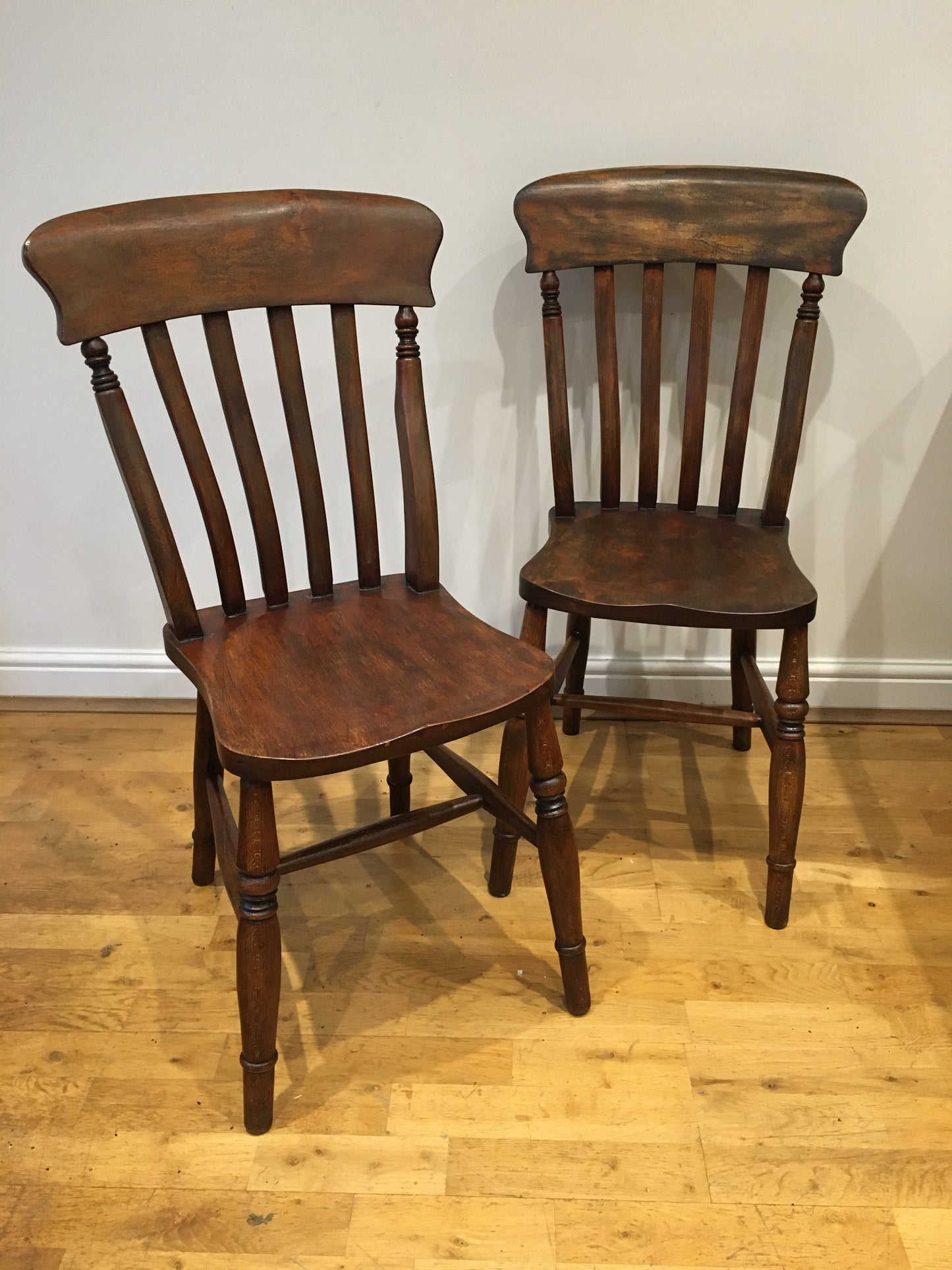 Pair of rustic lath-back Windsor kitchen chairs.