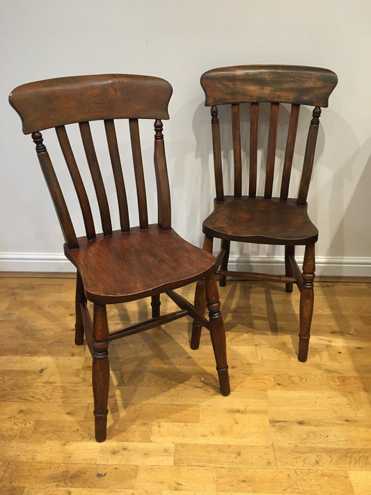 Pair of rustic lath-back Windsor kitchen chairs.