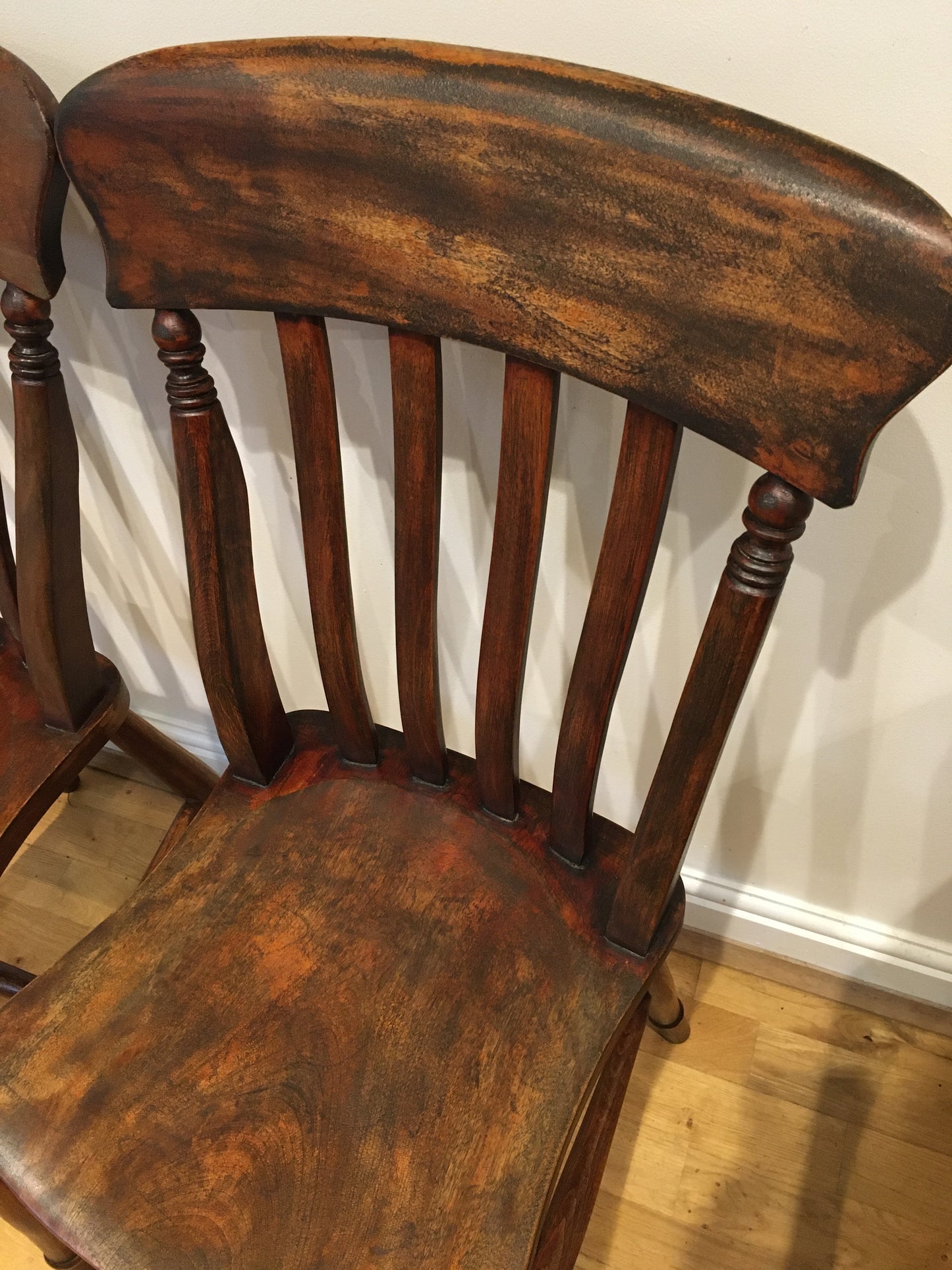 Pair of rustic lath-back Windsor kitchen chairs.