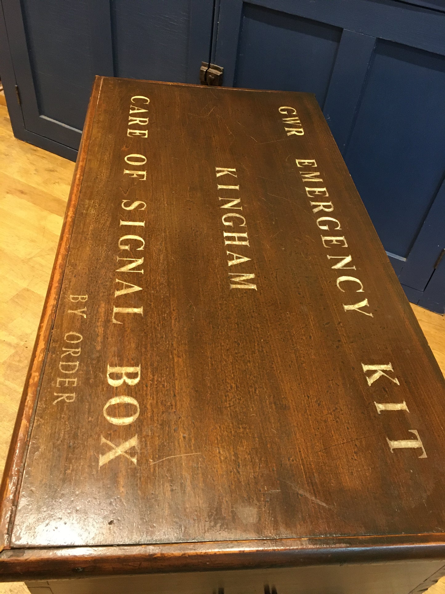 Vintage pine trunk or blanket box with inscribed lid.
