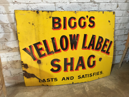 Large vintage enamel sign for "Bigg's Yellow Label Shag".