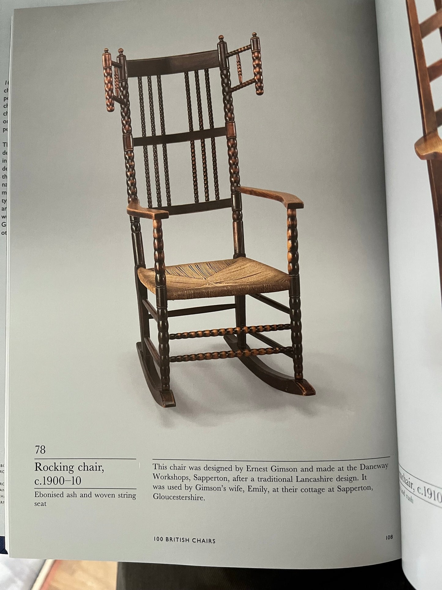 Arts and Crafts bobbin-turned rocking chair, in the style of Ernest Gimson, circa 1900-1910.