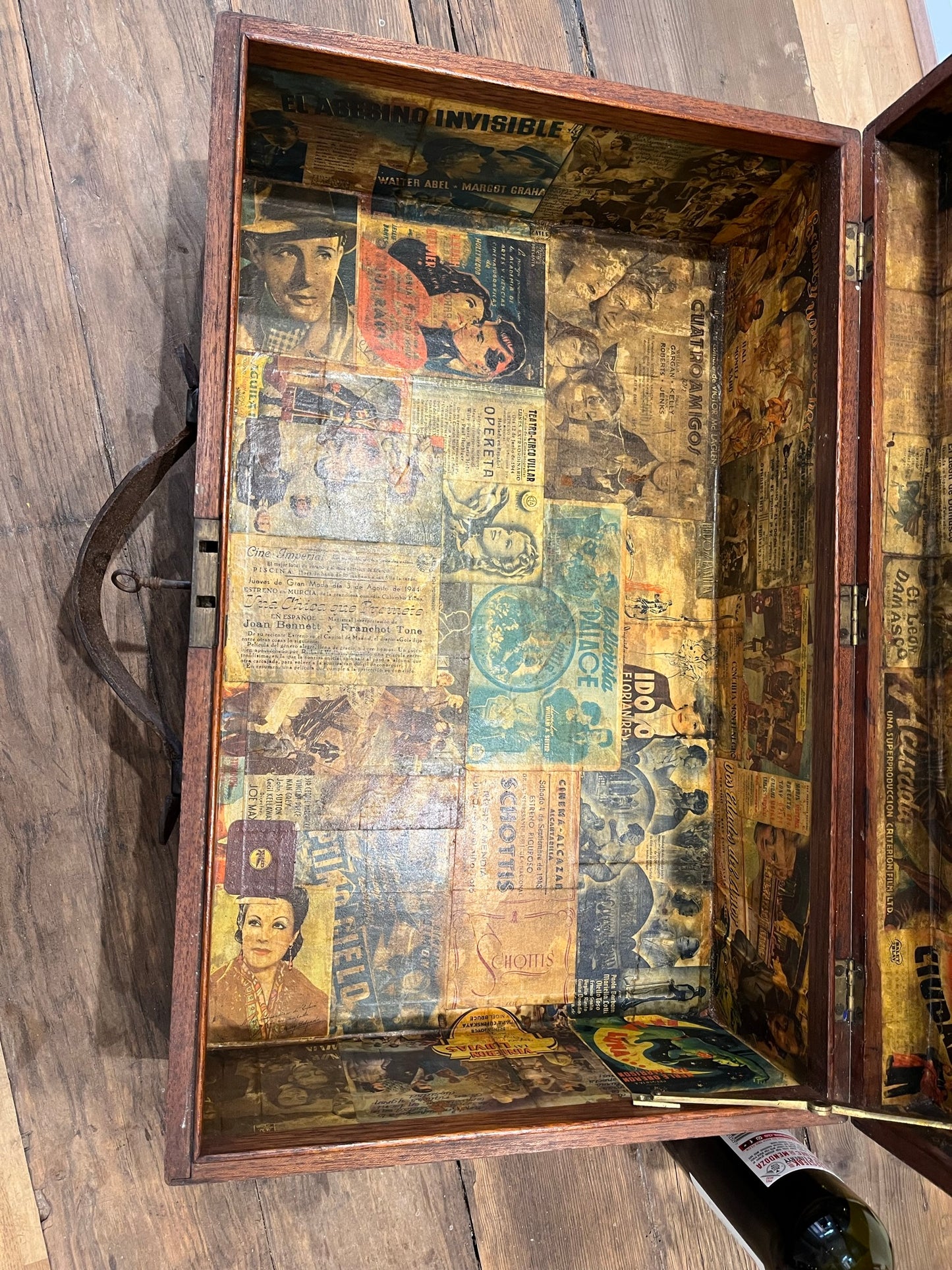 Intriguing early 20th century walnut case with key and Spanish tickets/leaflets lining.