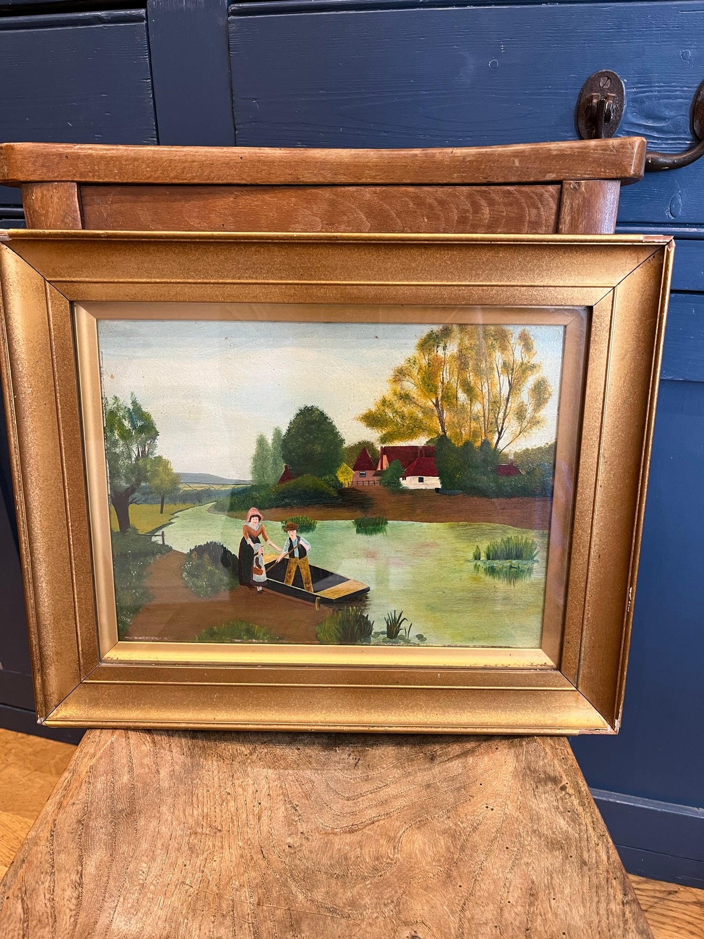 Naive/folk art/outsider art - river landscape, signed H. Young, 1918.