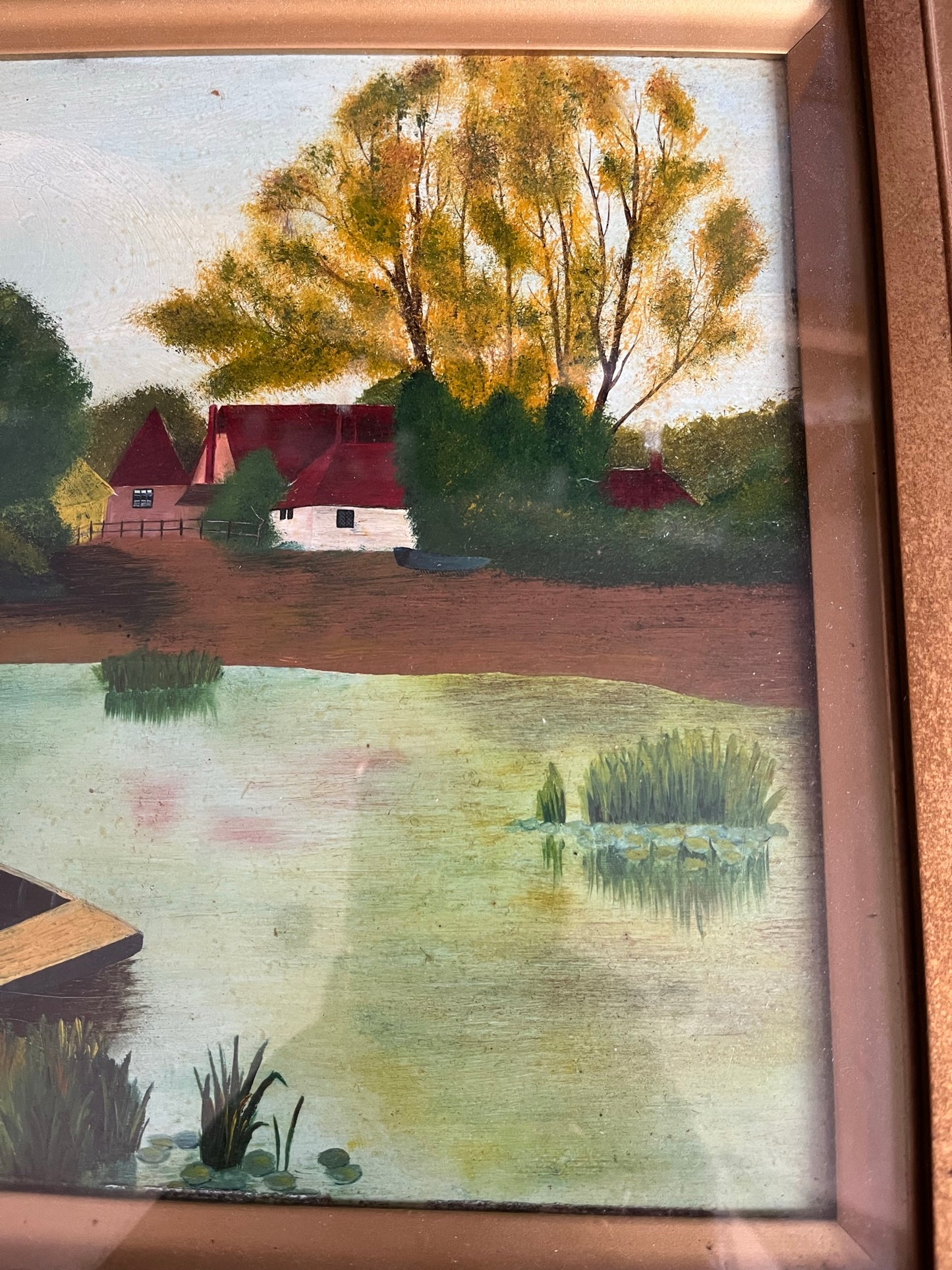 Naive/folk art/outsider art - river landscape, signed H. Young, 1918.