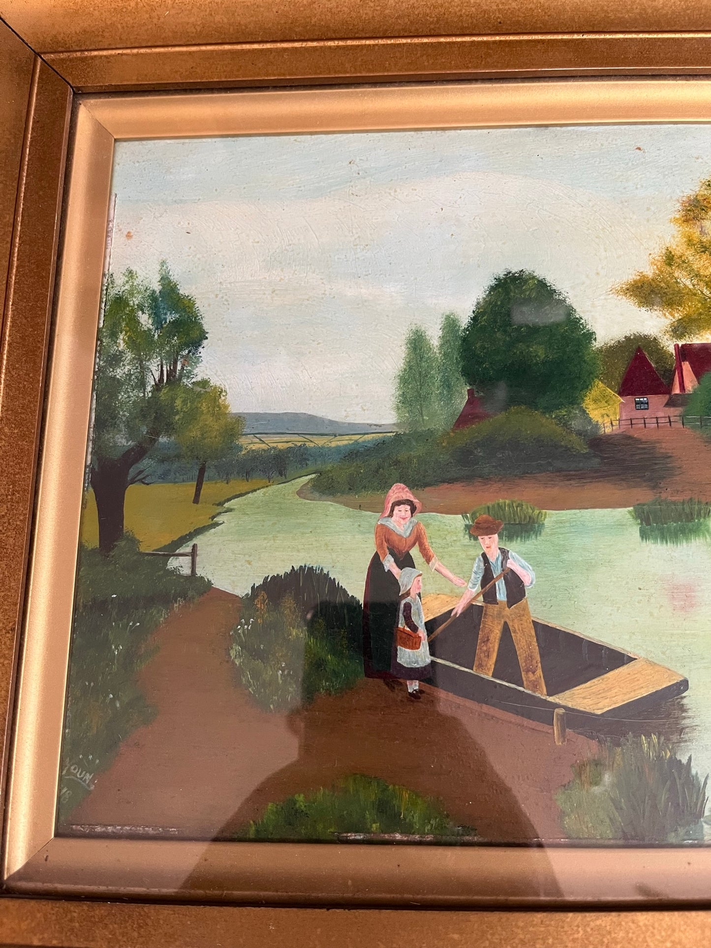 Naive/folk art/outsider art - river landscape, signed H. Young, 1918.