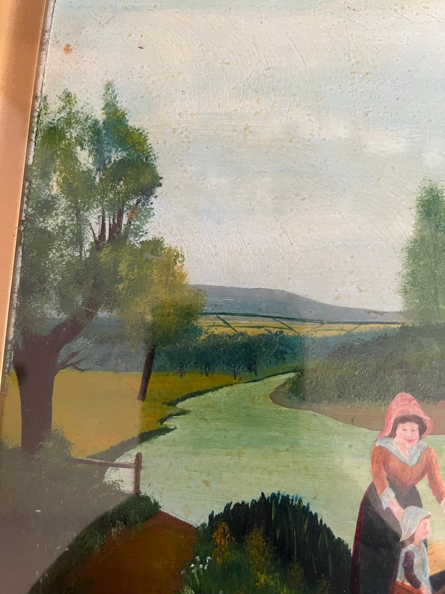 Naive/folk art/outsider art - river landscape, signed H. Young, 1918.
