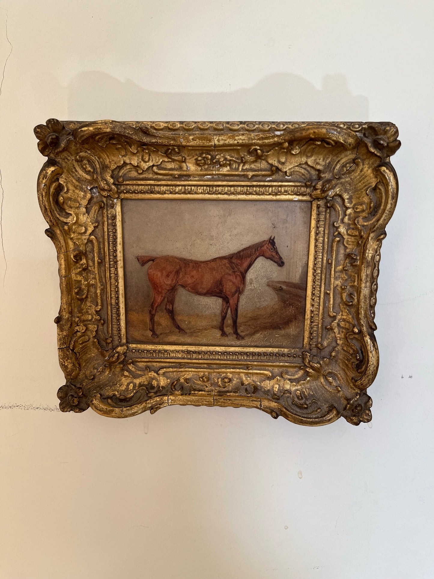 19th century naïve painting of a race horse, oil on board, framed.