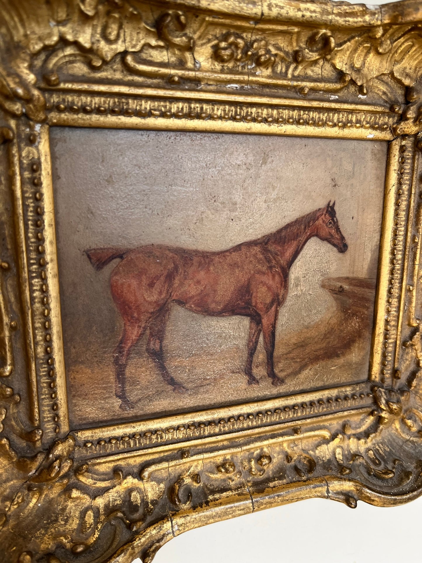 19th century naïve painting of a race horse, oil on board, framed.
