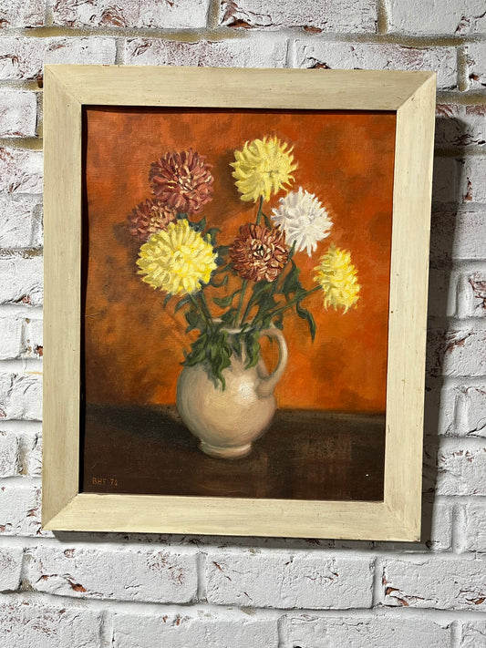 Naïve still life with Chrysanthemums, oil on board, Lord Brian Hilton Flowers, 1972.