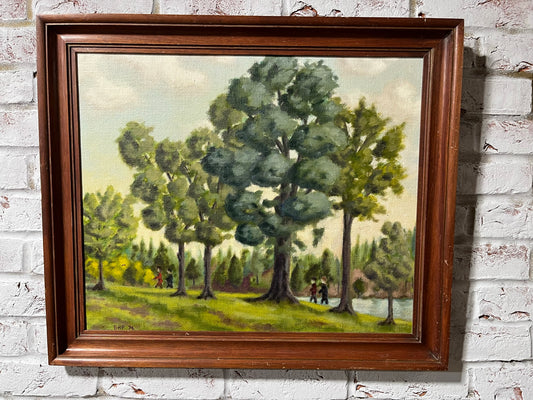 Naïve park scene, oil on canvas, Lord Brian Hilton Flowers, 1974.