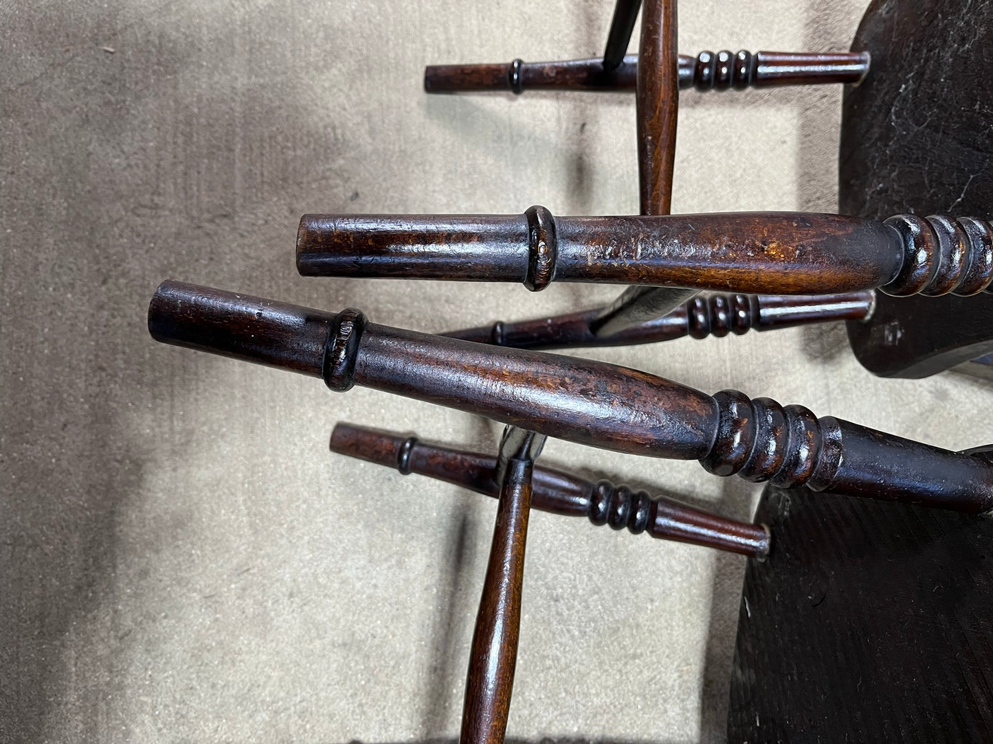 Matching pair of early 19th century kitchen Windsor chairs.