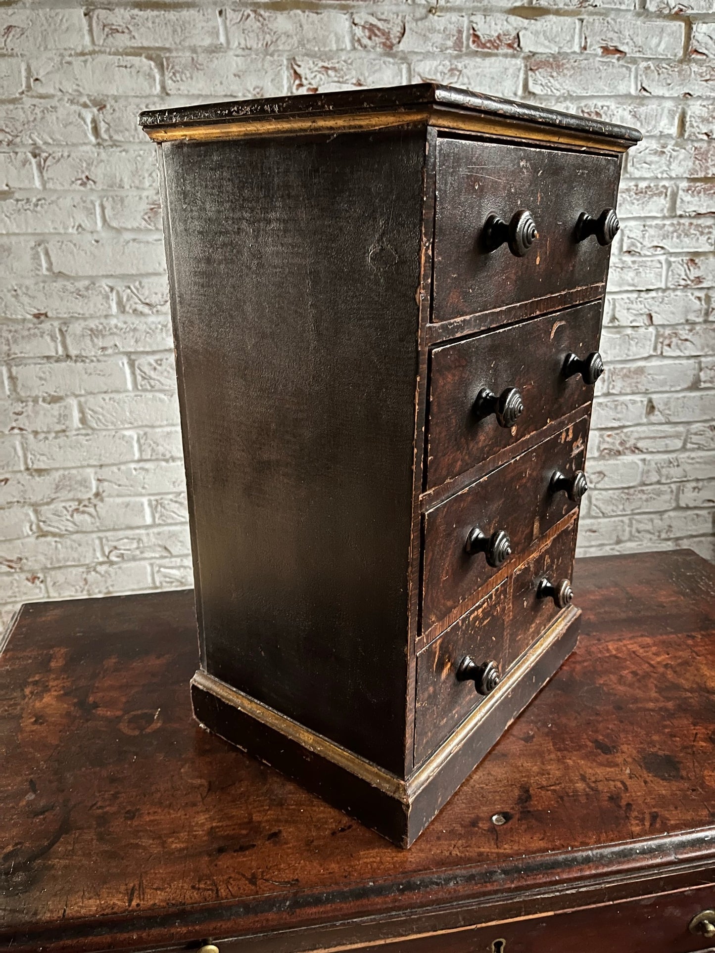 Small Georgian antique pine chest with original stippled crackled paint/stain and gilt finish.