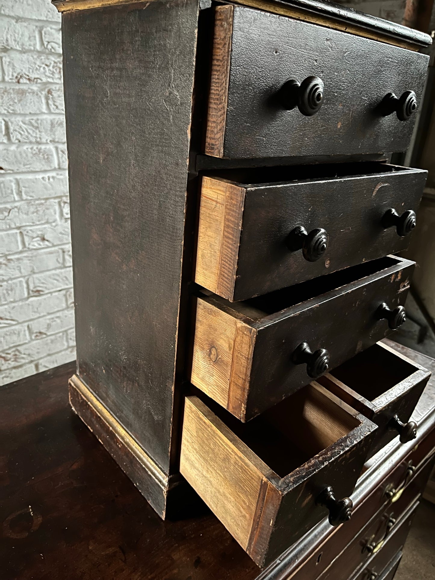 Small Georgian antique pine chest with original stippled crackled paint/stain and gilt finish.