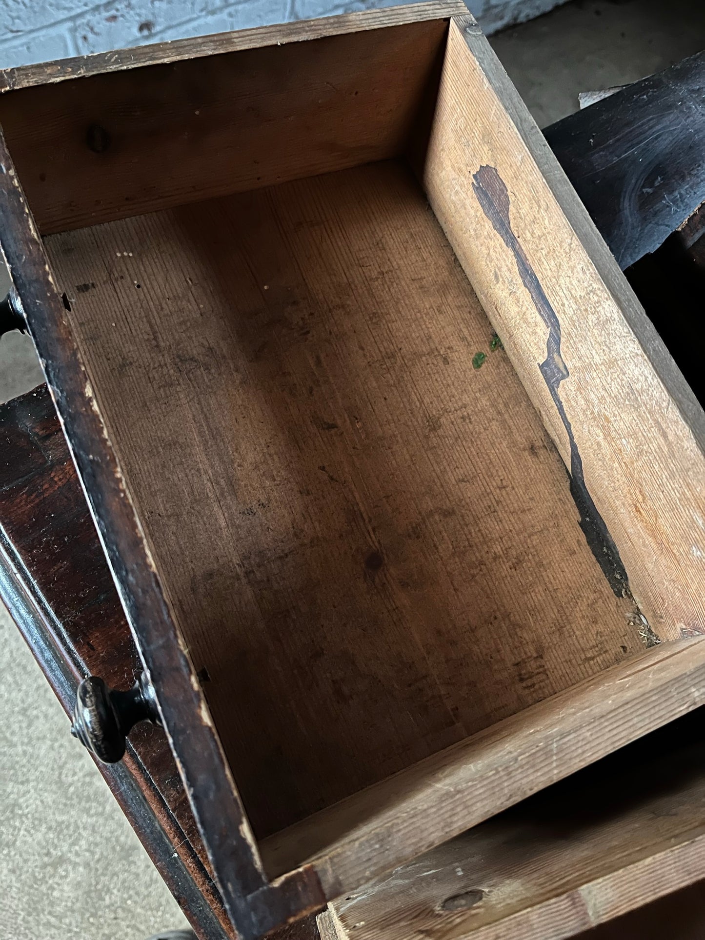 Small Georgian antique pine chest with original stippled crackled paint/stain and gilt finish.