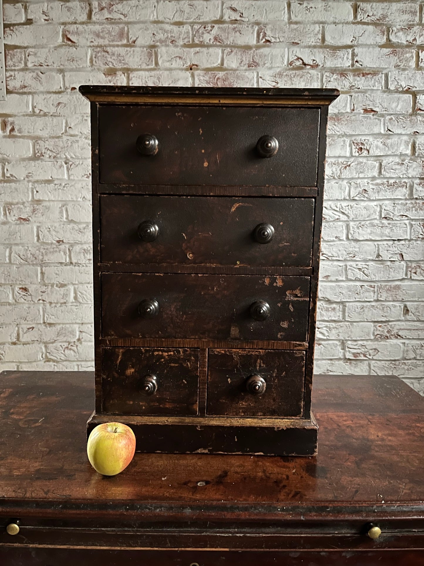 Small Georgian antique pine chest with original stippled crackled paint/stain and gilt finish.