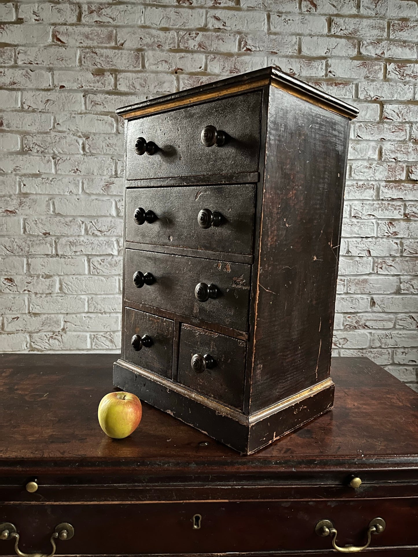 Small Georgian antique pine chest with original stippled crackled paint/stain and gilt finish.
