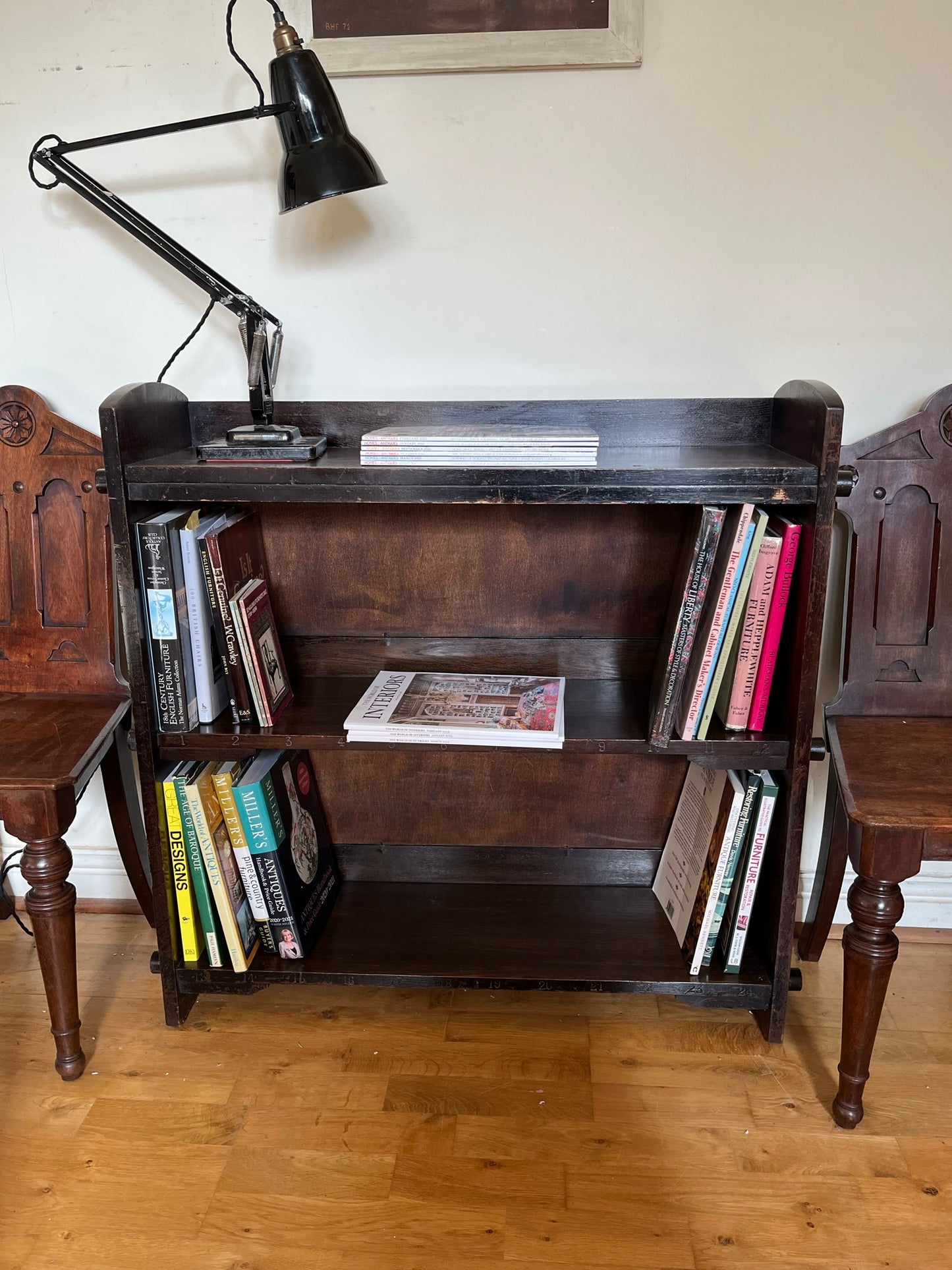 Arts and crafts oak freestanding open bookcase.