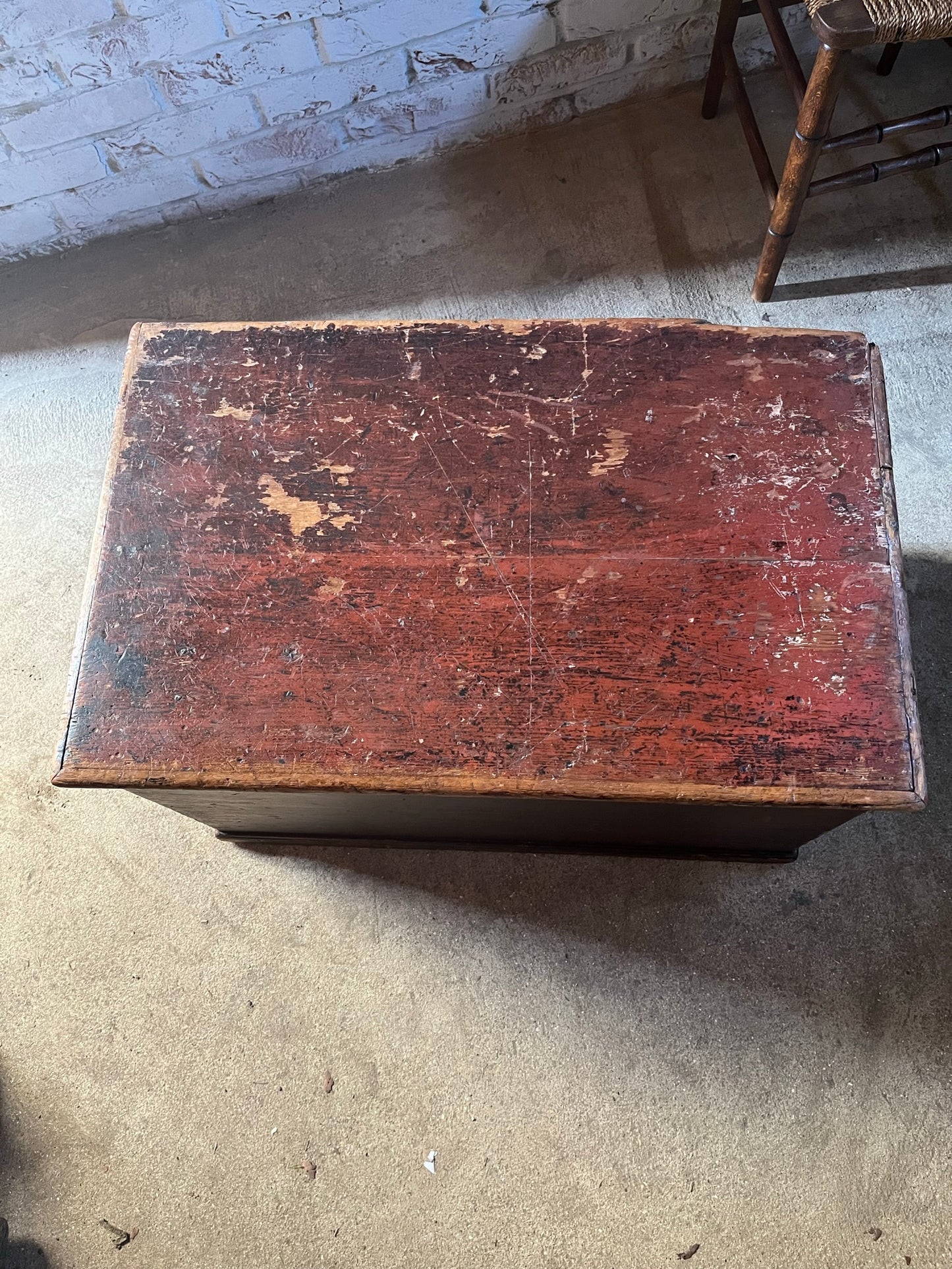 19th-century pine carpenter's chest or blanket box in original stain.