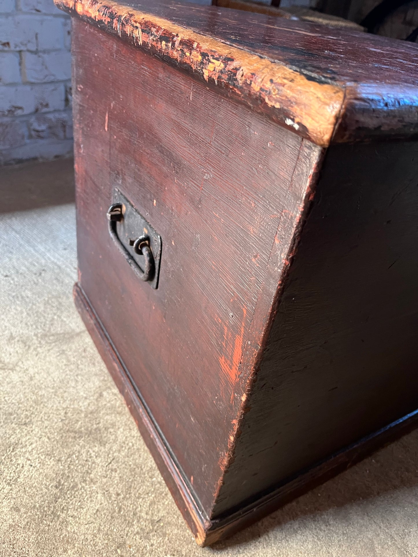 19th-century pine carpenter's chest or blanket box in original stain.