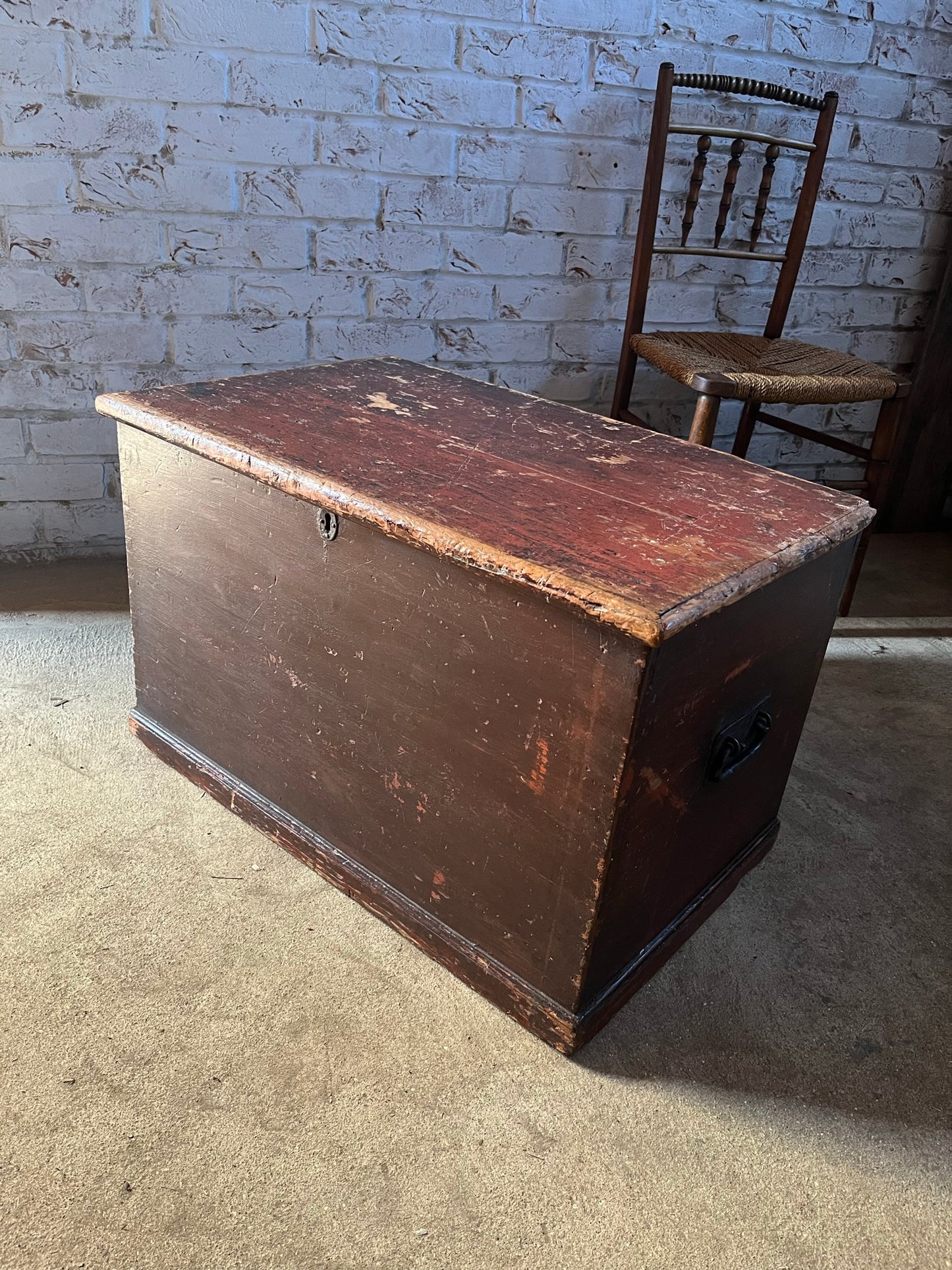 19th-century pine carpenter's chest or blanket box in original stain.