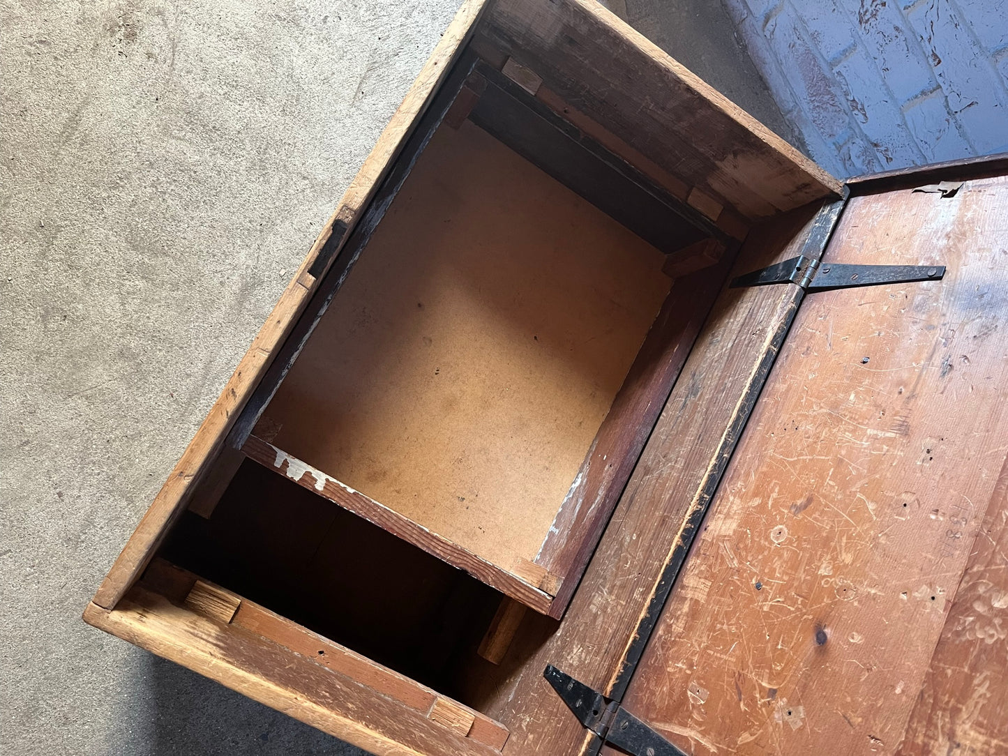 19th-century pine carpenter's chest or blanket box in original stain.