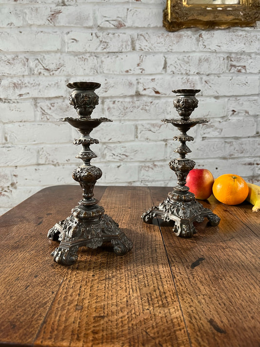 Pair of Victorian heavy bronze candlesticks.