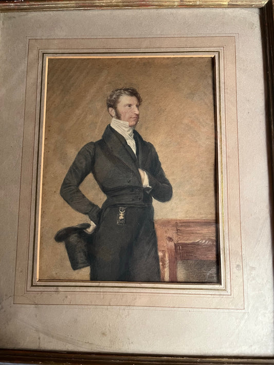 19th century watercolour portrait of a gentleman holding a top hat.