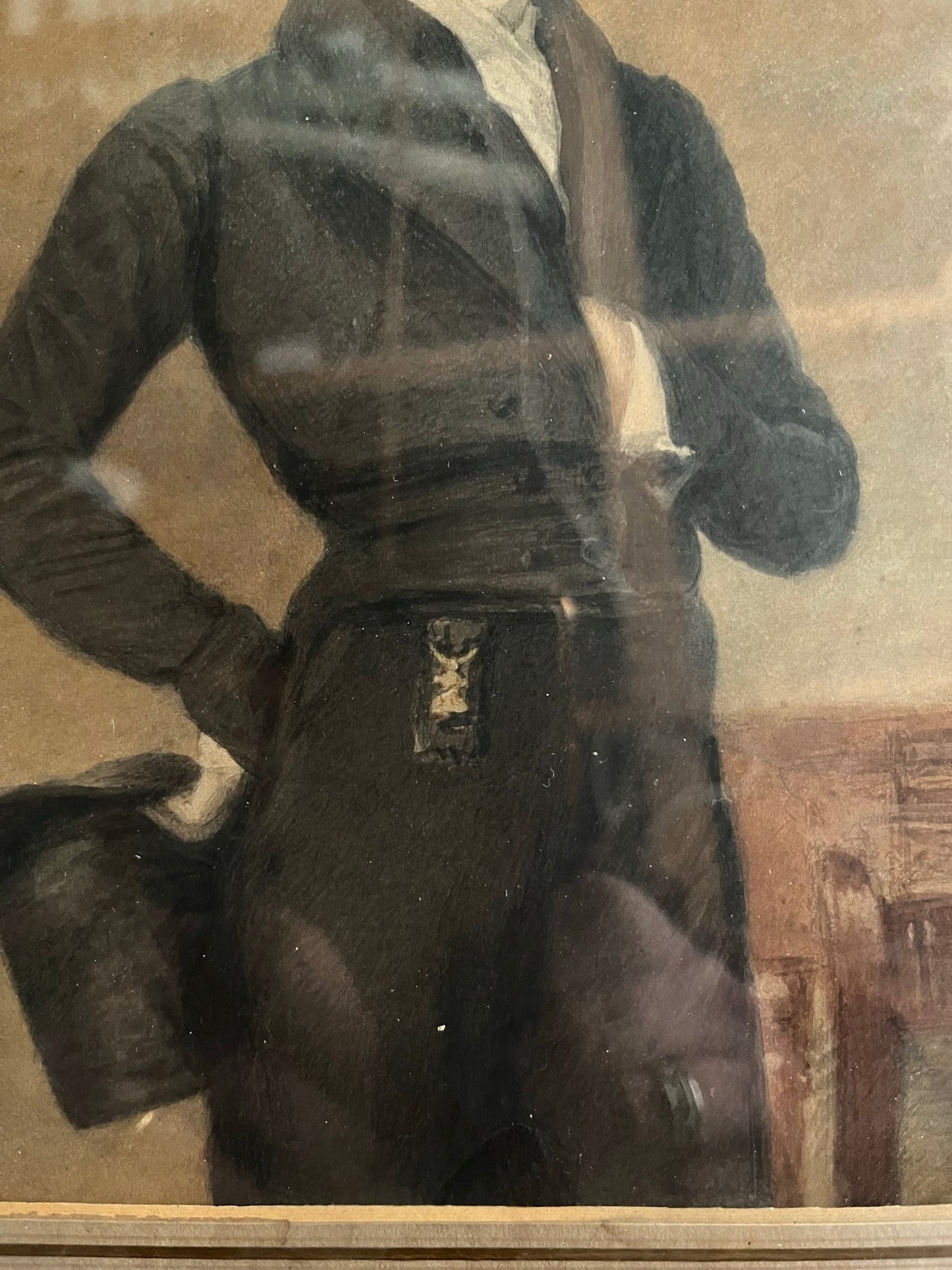 19th century watercolour portrait of a gentleman holding a top hat.