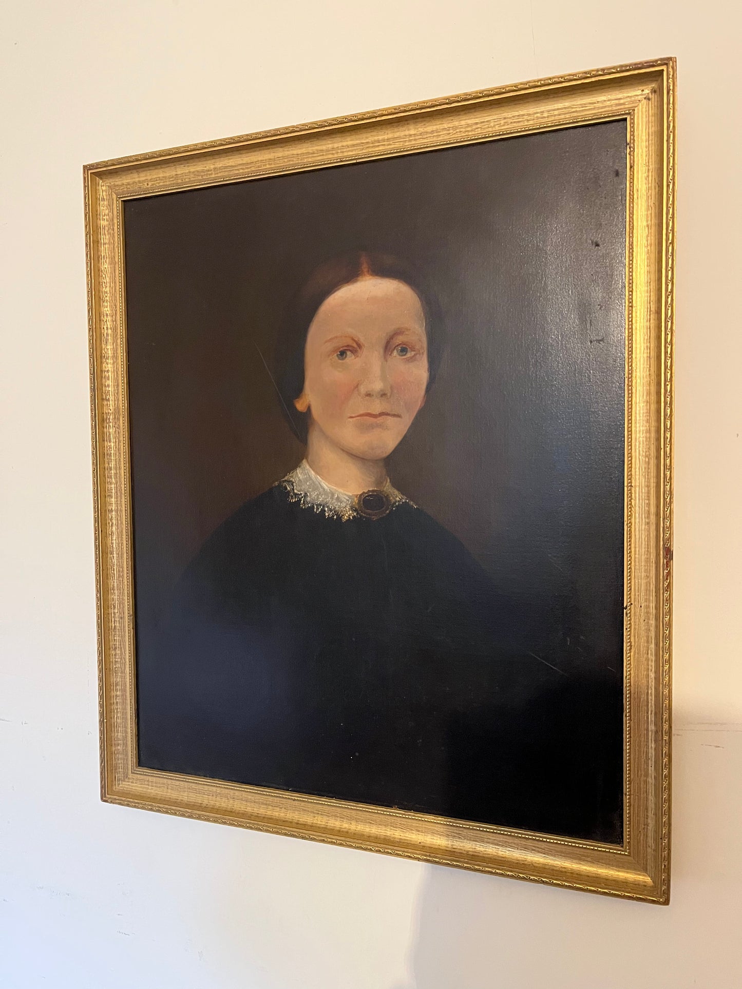 19th century naive portrait of a lady, oil on canvas.